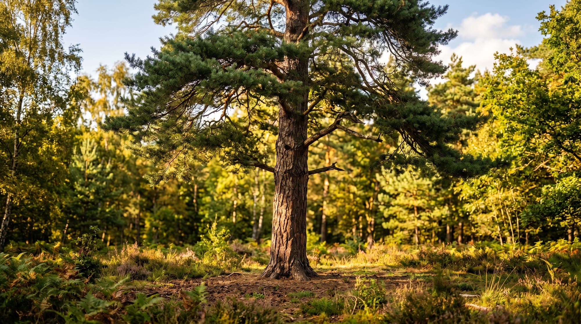 En bred, gammal tall i en solbelyst glänta