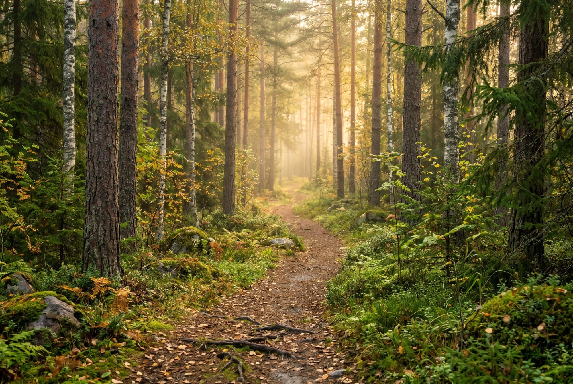 En skum stig som smalnar in i tät tallskog i skymningen