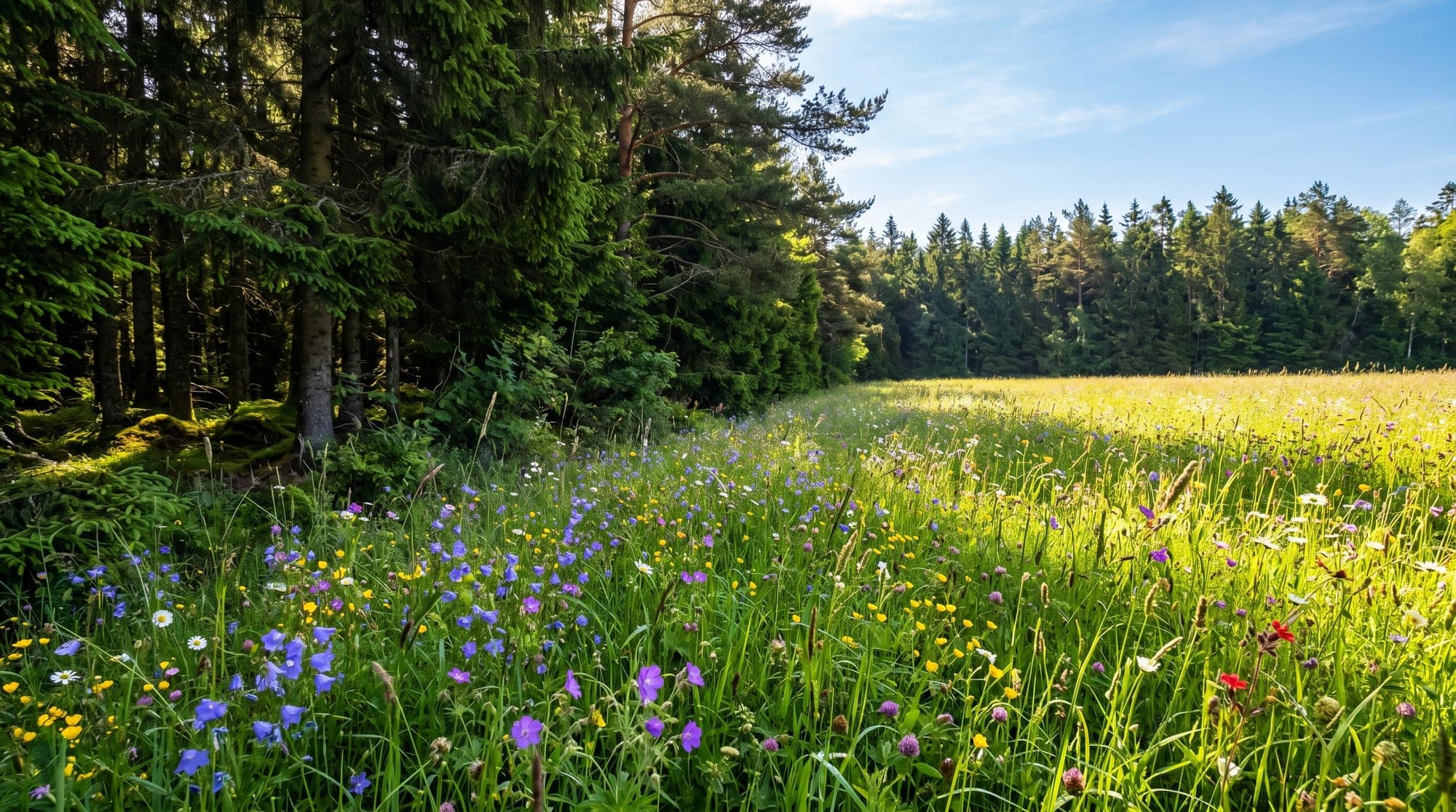 En tät skogskant som möter en solbelyst blomsteräng längs en skarp linje
