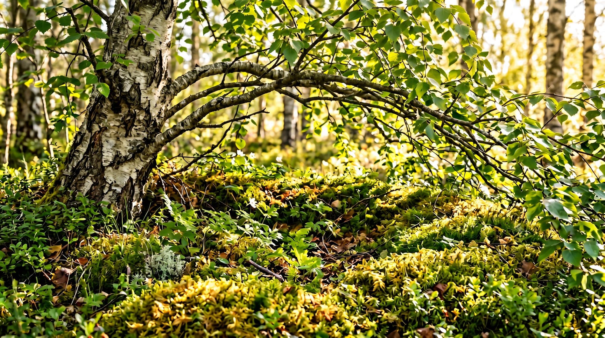 En mossig sänka i skydd under en gammal björks låga grenar, sol genom löven