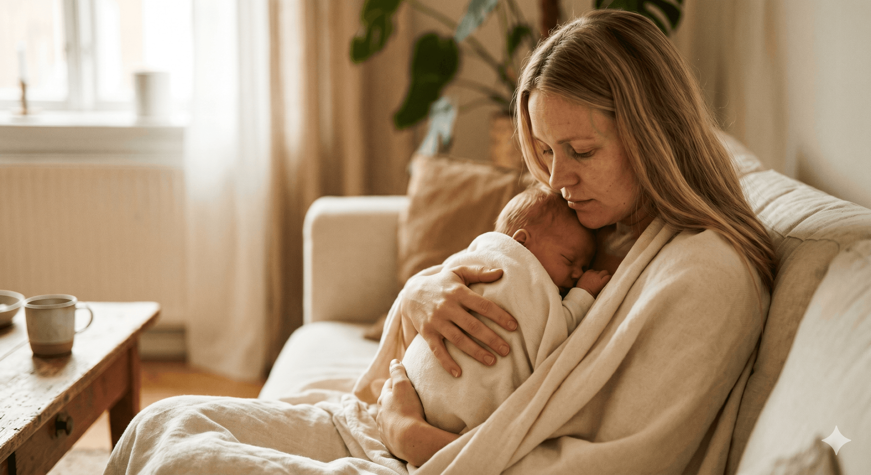 En mamma som håller sitt nyfödda barn tätt intill sig